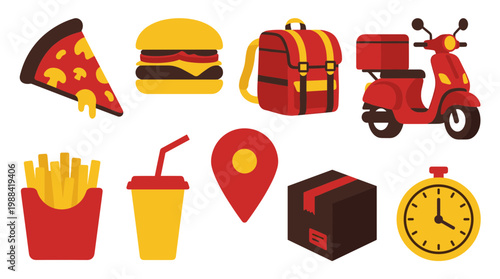 Fast food delivery icons set including pizza burger fries drink scooter and location pin for online ordering and quick service concept
