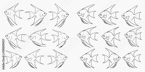 Seamless pattern with angelfish line art drawing on a white background.