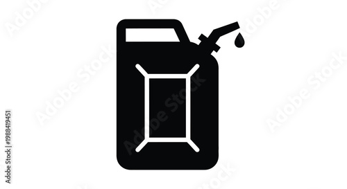 A simple black and white pictogram depicts a black gas can with a single drop of liquid