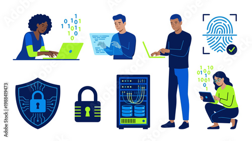 Cybersecurity concept with people working on laptops and servers, digital security icons like shield and fingerprint, binary code and data flow