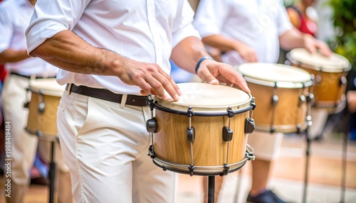 Group of musicians in white shirts and pants playing small drums outdoors. Hands and instruments are in focus