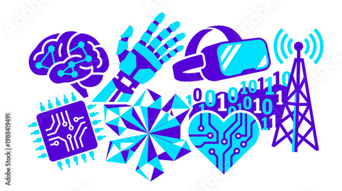 Digital technology and innovation concept with brain, robot hand, VR headset, microchip, data, and communication tower