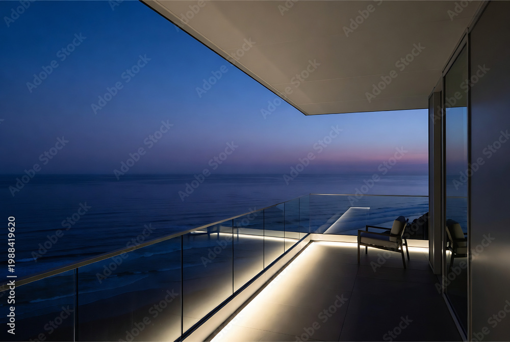 Obraz premium A modern balcony overlooking the ocean at twilight, with a serene and minimalist atmosphere.