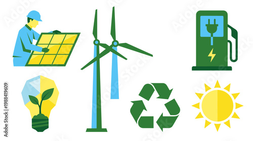 Renewable energy sources and eco friendly technology concept illustration with solar panels wind turbines electric car charging station and recycling symbol