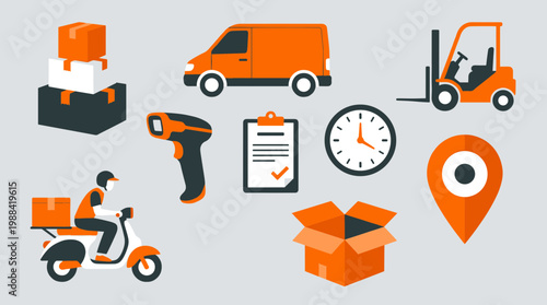 Logistics and delivery icons set including van forklift scooter scanner clock map and packages for shipping and transportation concepts