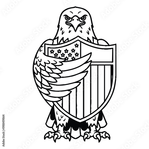 20-word title and 50 seo keywords with Fierce American Bald Eagle Holding USA Stars and Stripes Shield Patriotic Emblem Coloring Page