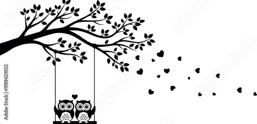 Black silhouette of two owls on a swing under a tree with hearts