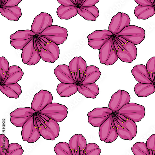 Seamless vector pattern of vibrant pink cherry blossoms with yellow stamens on a white background, perfect for spring themes.