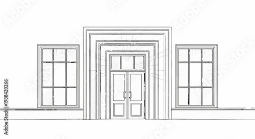 A symmetrical facade with a grand entrance and two large windows