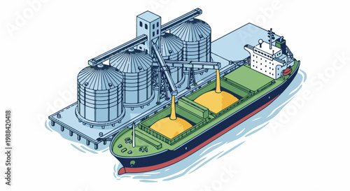Cargo ship loading yellow grain from silos at a port