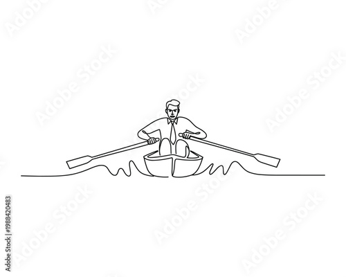 Determined businessman rowing a boat across wavy water in a solo effort