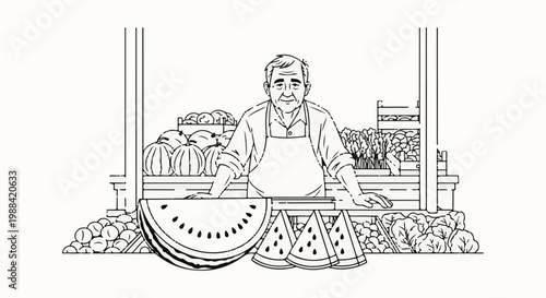 Elderly man sells produce from a stand, featuring watermelons, pumpkins, and greens