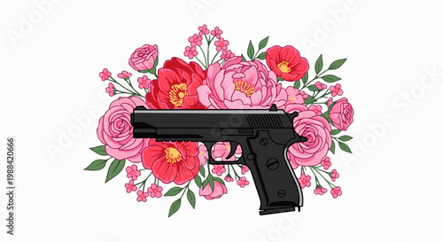 Handgun emerges from an abundance of vibrant pink and red blossoms