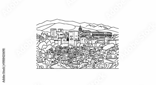 Ink sketch of a dense European town with a prominent citadel on a hill