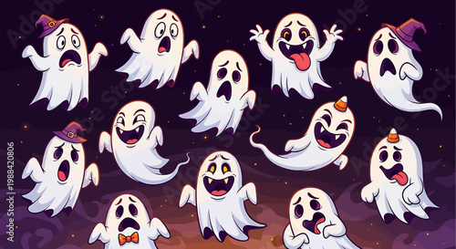 Collection of cute and funny cartoon ghosts in various expressions and Halloween costumes, perfect for spooky decorations and festive designs