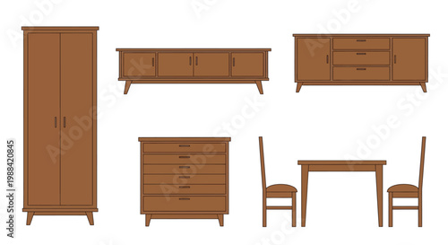 Minimalist furniture set including wardrobe drawers table and chairs
