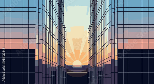 Pixelated sunrise between modern glass skyscrapers