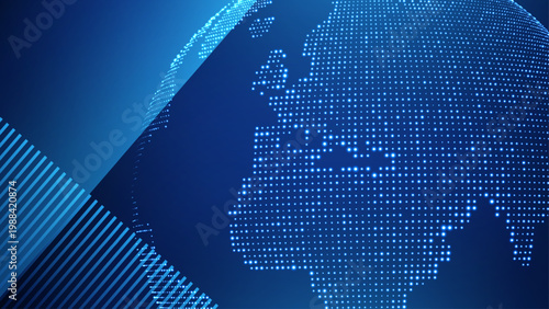 Blue digital dotted world map showing globe continents with glowing points representing global data connections technology and communication network concept