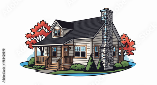 Rustic cottage with stone chimney, porch, and autumn foliage