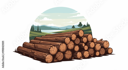 Stacked lumber logs in foreground against a scenic landscape background