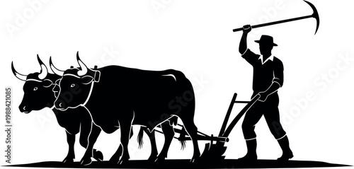 A black silhouette of a farmer plowing a field with two oxen