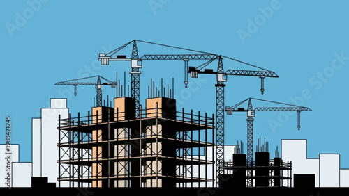 Minimalist Illustration of a Busy Urban Construction Site with Multiple Tower Cranes and Building Structures