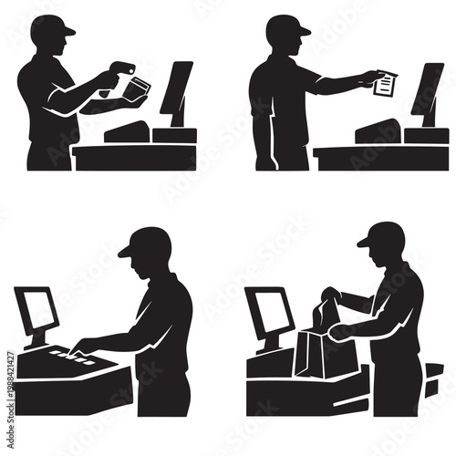 Silhouette cashier performing checkout tasks scanning items accepting payment operating register and bagging goods in retail environment