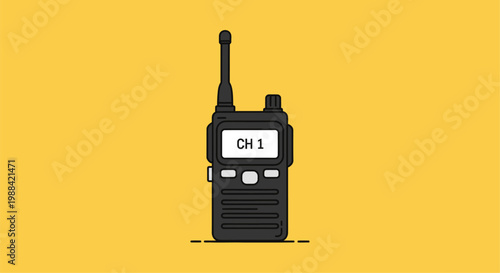 A black walkie talkie with an antenna displayed against a yellow background