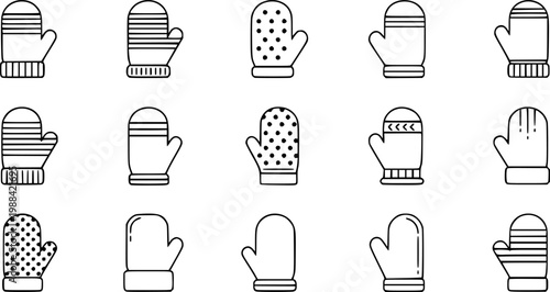 Mitten icon,. Set of mittens icons in flat linear design. Vector illustration. Black icons of winter mittens