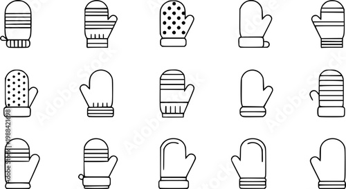 Mitten icon,. Set of mittens icons in flat linear design. Vector illustration. Black icons of winter mittens