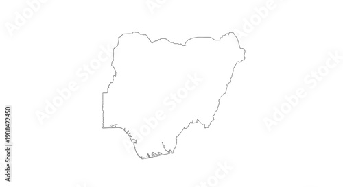 A simple black and white outline depicting the geographical shape of the country of nigeria