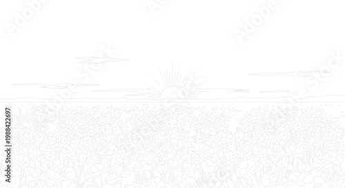 A beautiful outline drawing of a vibrant field of blooming flowers under a rising sun, perfect for a peaceful coloring book page or a relaxing artistic activity.