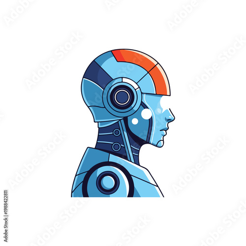 Modern futuristic vector illustration of a robotic character and cyborg head. Features sleek metallic textures and glowing blue and neon accents, ideal for gaming, tech blogs, and AI-related designs.