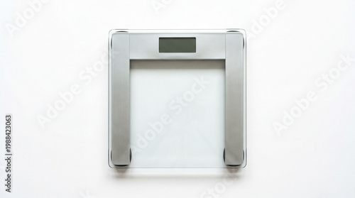 digital bathroom scale, isolated on white background, top view, glass platform