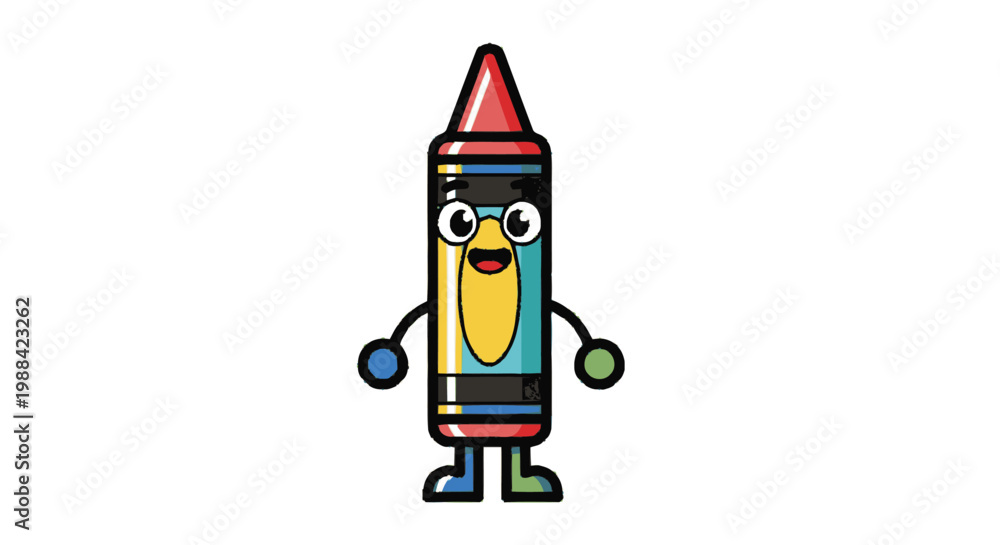 Fototapeta premium Cartoon crayon character with arms legs and smiling face on white background