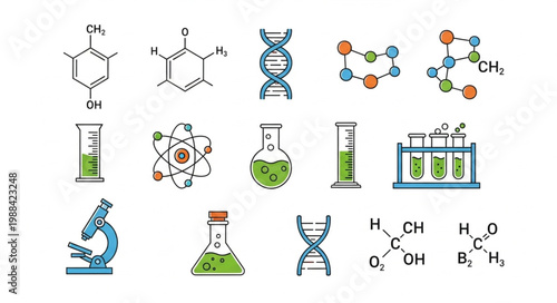 Collection of scientific and chemical illustrations and icons.