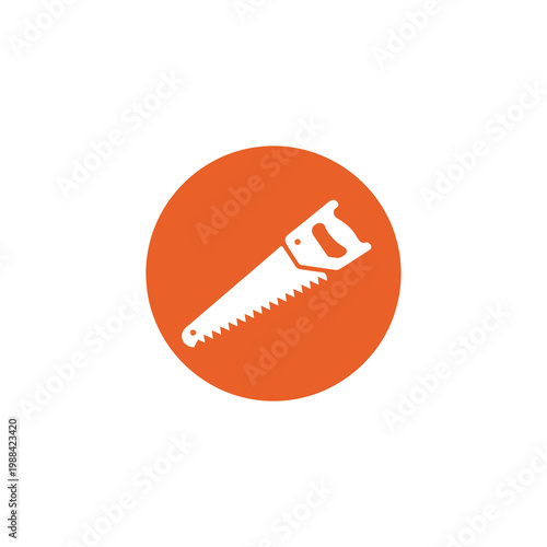 Stylized white hand saw vector icon centered on a bold orange circular background in a minimalist design.