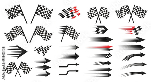 Racing checkered flags and speed lines graphic elements.