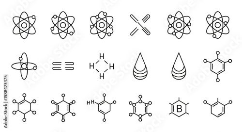 Collection of scientific molecular and atomic structure icons.