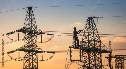 Electrician working on high voltage power lines and towers at sunset with transmission tower line worker power grid utility worker electrician electricity construction