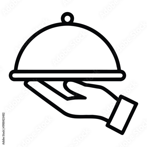 Minimal Line Icon of Food Serving Tray with Hand – Restaurant Service and Hospitality Concept Vector