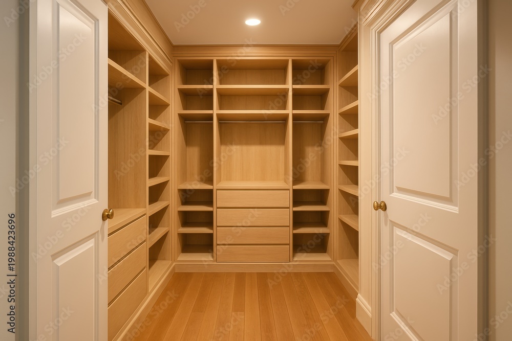 Fototapeta premium Spacious, modern walk-in closet featuring elegant wooden shelving, drawers, and an organized layout. Ideal for luxury home design, storage, and real estate promotion.