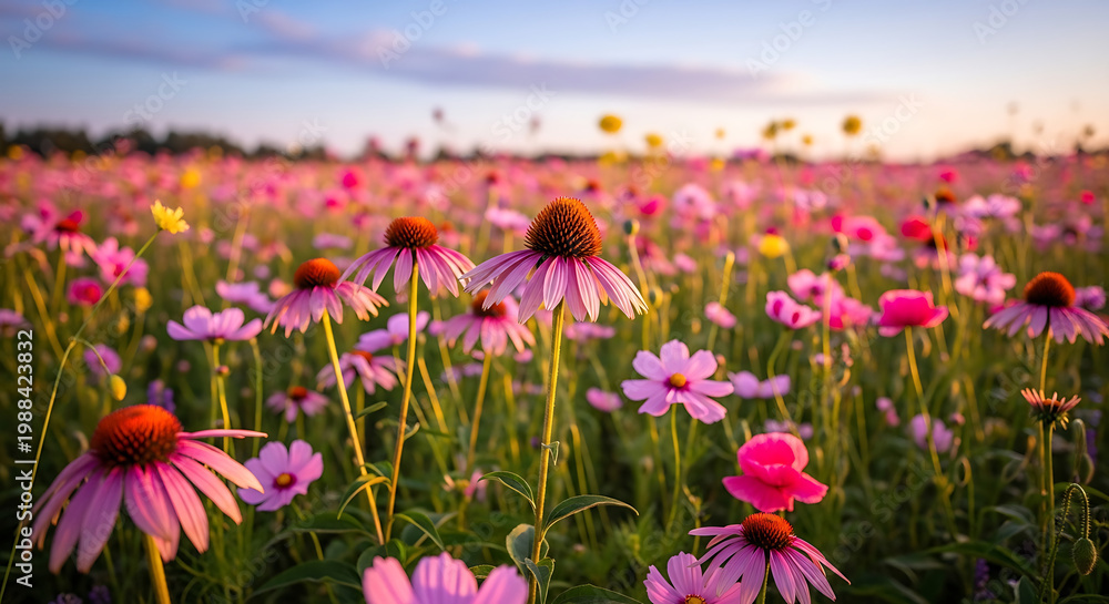 Fototapeta premium Field of pink coneflowers at sunset with soft light.