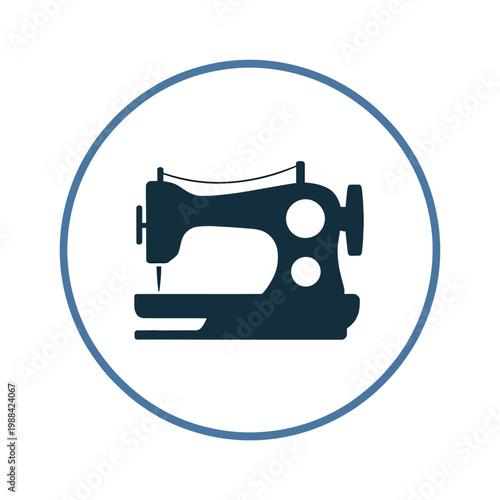 Simple vector of a sewing machine inside a circular blue frame.