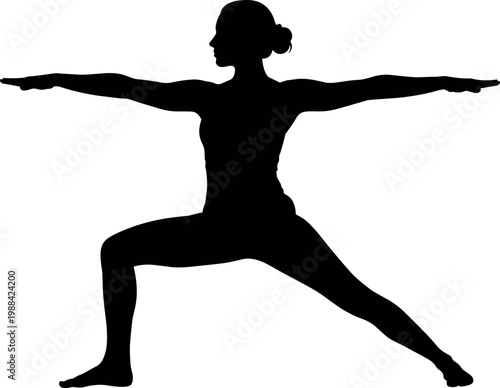 Black silhouette of a woman practicing yoga in warrior two pose isolated on white background for health and fitness vector