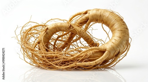 Dried wild ginseng root with intricate thin rootlets on a white background