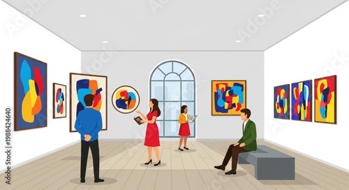 People admiring modern art paintings in a bright art gallery exhibition.