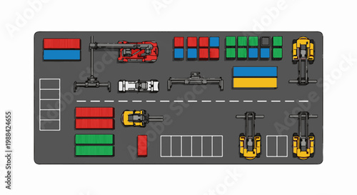 Top-down view of a busy port with cargo containers and lifting machinery
