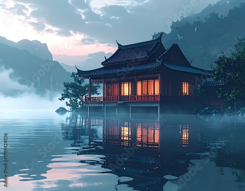 A serene lake house at dusk surrounded by misty mountains