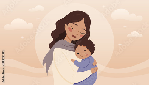 Mother lovingly holding sleeping baby in serene warm scene illustration. love and care